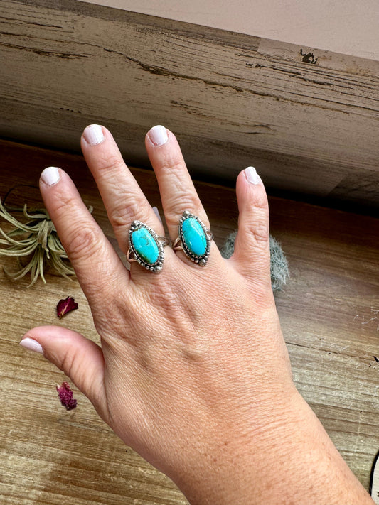 Ring size 7 & 8- long kingman turquoise and sterling silver