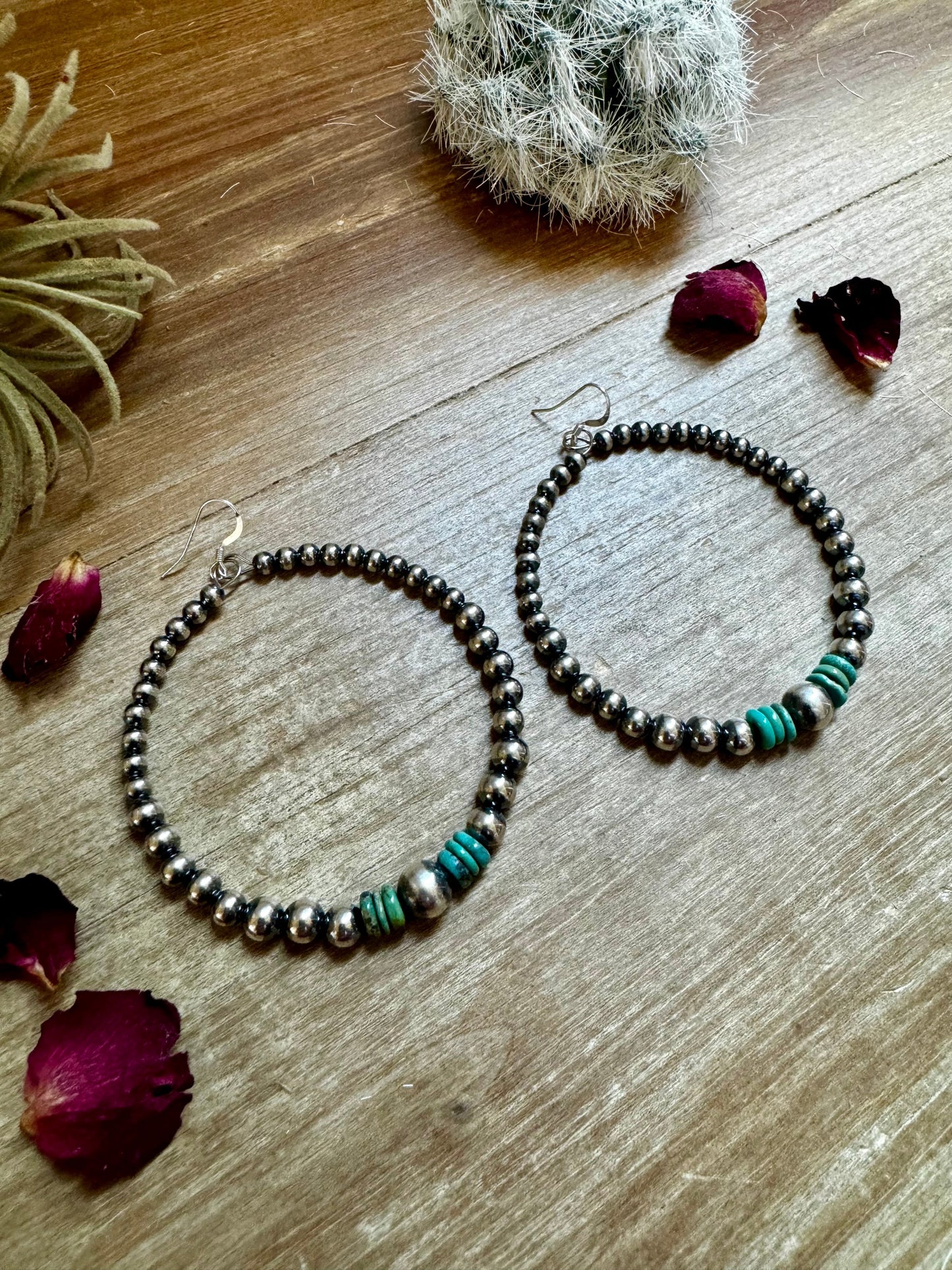 Big Sterling Silver Pearls Hoops with turquoise