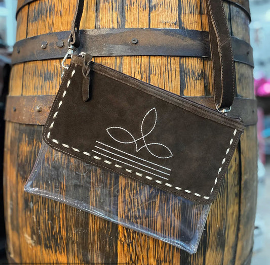 Clear Brown Suede Leather Bootstitch Crossbody