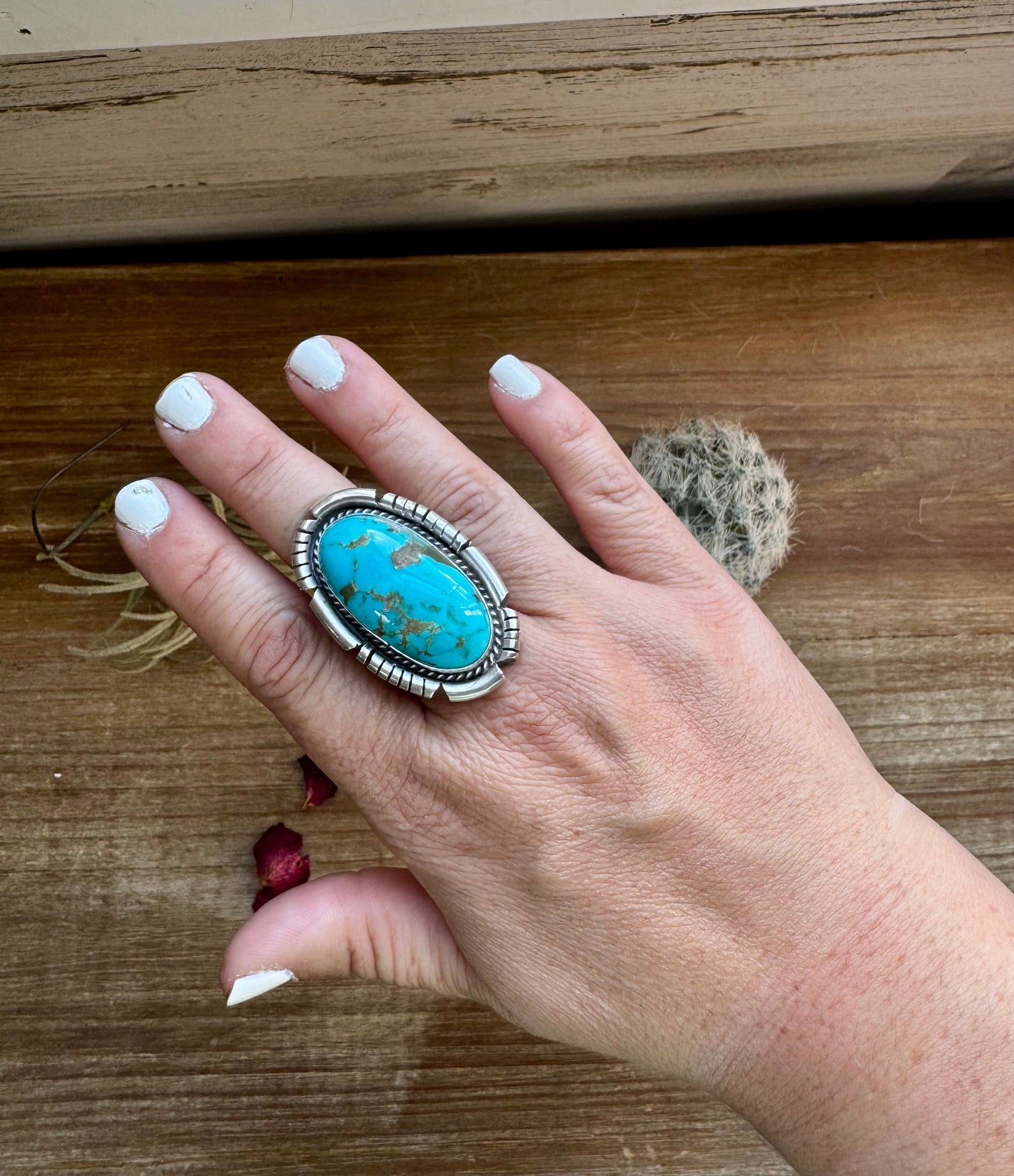 Big oval Ring- adjustable- Kingman turquoise ring and sterling silver