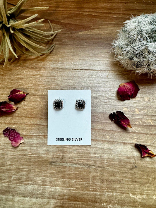 Mini square Sterling silver stud earrings with black Onyx