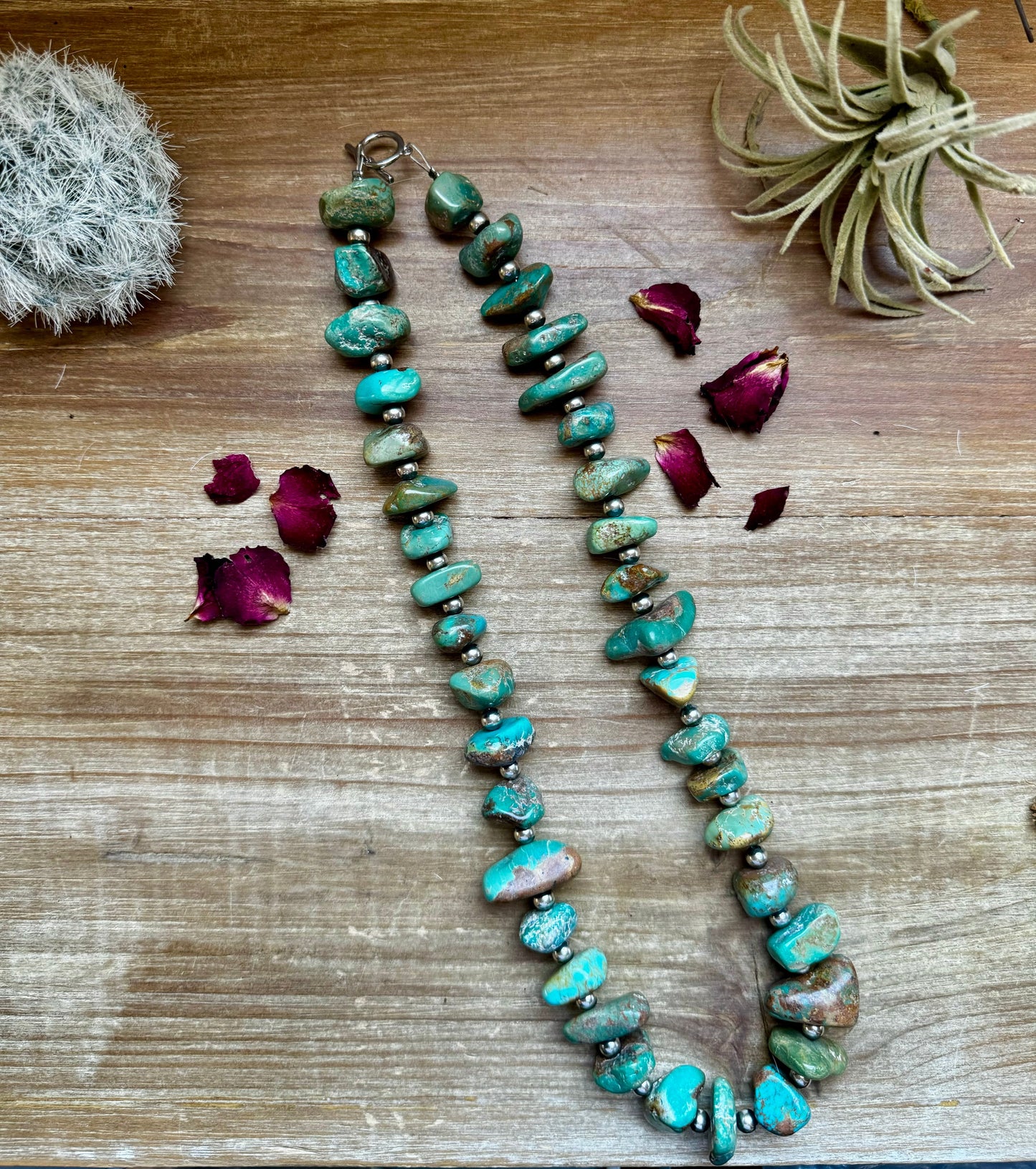 22 inch sterling silver pearls necklace with chunky turquoise