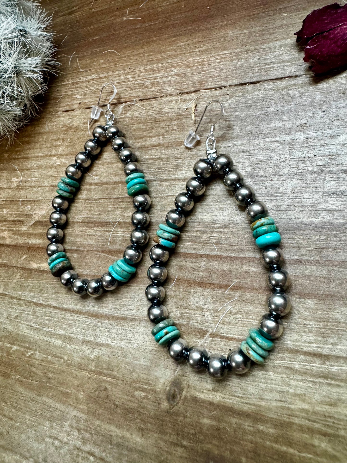 Real turquoise and 6 mm Sterling silver pearls teardrop earrings