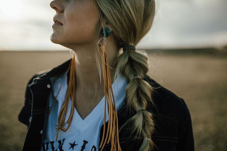 Real Turquoise Stone & Long Leather Earrings